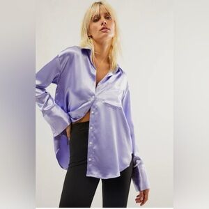 Free People Purple satin blouse with button-down collar and cuffs medium